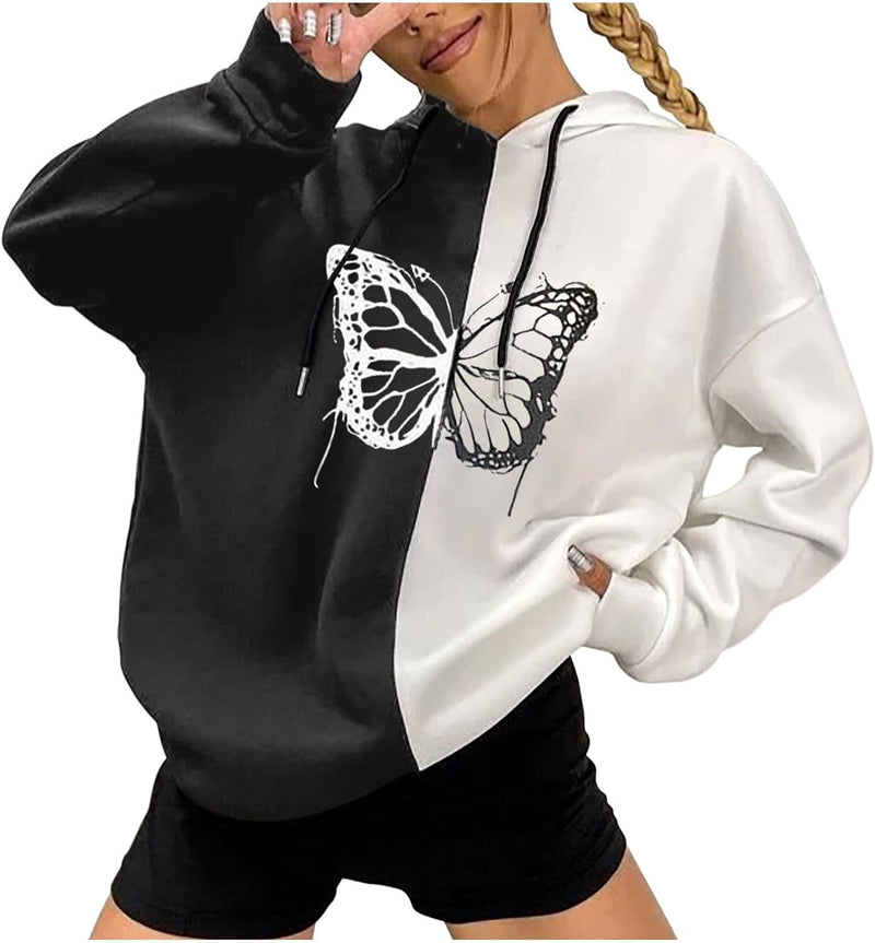 Black&White Teen Girls Hoodies Butterfly Print Sweatshirt