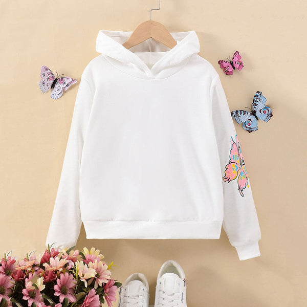 Girls White Butterfly Print Full Sleeves Hooded Sweatshirt